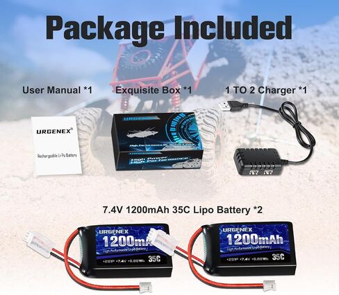 URGENEX SCX24 Battery 7.4V Lipos 2S 35C(Burst 70C) 1200mAh Rechargeable Lithium Battery with PH2.0 Plug Compatible with Most 1/10, 1/16, 1/18, 1/24 Scale RC Cars Trucks with 1TO2 USB Charger in Saudi Arabia