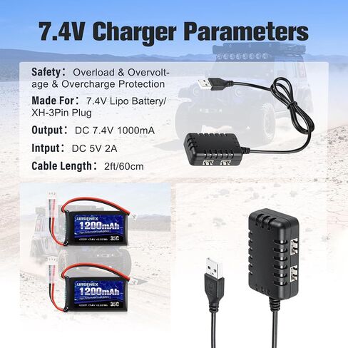 URGENEX SCX24 Battery 7.4V Lipos 2S 35C(Burst 70C) 1200mAh Rechargeable Lithium Battery with PH2.0 Plug Compatible with Most 1/10, 1/16, 1/18, 1/24 Scale RC Cars Trucks with 1TO2 USB Charger in Saudi Arabia