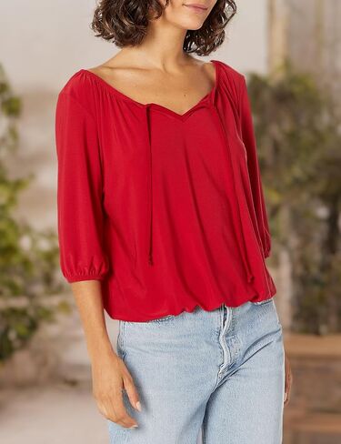 Star Vixen Women's Petite 3/4 Sleeve Peasant Elastic-Hem Keyhole-tie Top in Saudi Arabia