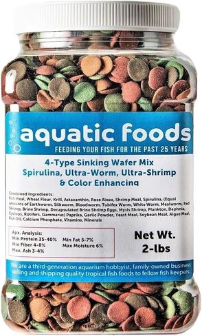 Aquatic Foods Inc. 4-Type 12mm - 1/2" Sinking Wafer Mix of Spirulina-Algae, Ultra-Worm, Ultra-Shrimp, Color Enhancing Wafers for Shrimp, Snails, Crabs, Crayfish, All Tropical Fish..11oz Small Jar in Saudi Arabia