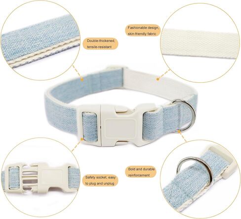 Cotton Hemp Dog Collar Adjustable, Light Blue Dog Collar Soft Natural Fabric with Quick Release, Cute Wedding Puppy Necklace for Small Medium Large Dog, Light Blue-M in Kuwait