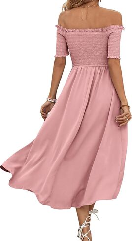 Umenlele Women's Off Shoulder Smocked Wrap Asymmetric Swing Hem Short Sleeve Summer Midi Dress in Saudi Arabia