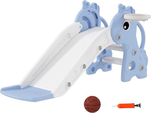 Qaba Toddler Slide with Climber, Basketball Hoop and Ball, Indoor Kids Slide with Giraffe Design, Freestanding Playground Equipment for Age 1-3 Years, Pink in Saudi Arabia