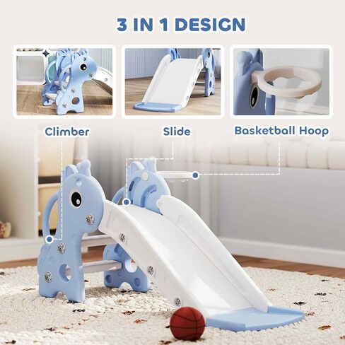 Qaba Toddler Slide with Climber, Basketball Hoop and Ball, Indoor Kids Slide with Giraffe Design, Freestanding Playground Equipment for Age 1-3 Years, Pink in Saudi Arabia
