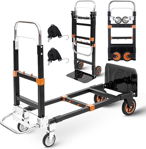 Upgraded 3 in 1 Folding Hand Truck, 600lbs Capacity, Heavy Duty Convertible Dolly with Retractable Handle and 4 Rubber Wheels, Collapsible Cart for Moving Home, Office, Warehouse（Orange） in Saudi Arabia