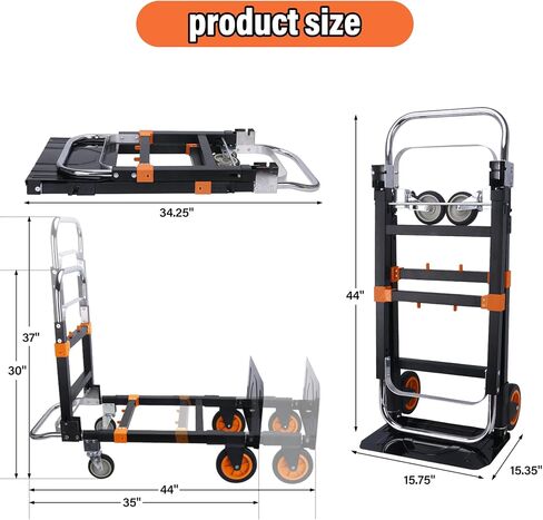 Upgraded 3 in 1 Folding Hand Truck, 600lbs Capacity, Heavy Duty Convertible Dolly with Retractable Handle and 4 Rubber Wheels, Collapsible Cart for Moving Home, Office, Warehouse（Orange） in Saudi Arabia