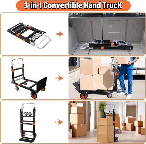 Upgraded 3 in 1 Folding Hand Truck, 600lbs Capacity, Heavy Duty Convertible Dolly with Retractable Handle and 4 Rubber Wheels, Collapsible Cart for Moving Home, Office, Warehouse（Orange） in Saudi Arabia
