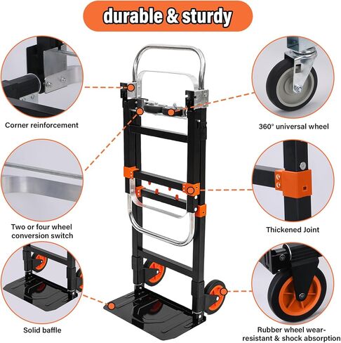 Upgraded 3 in 1 Folding Hand Truck, 600lbs Capacity, Heavy Duty Convertible Dolly with Retractable Handle and 4 Rubber Wheels, Collapsible Cart for Moving Home, Office, Warehouse（Orange） in Saudi Arabia