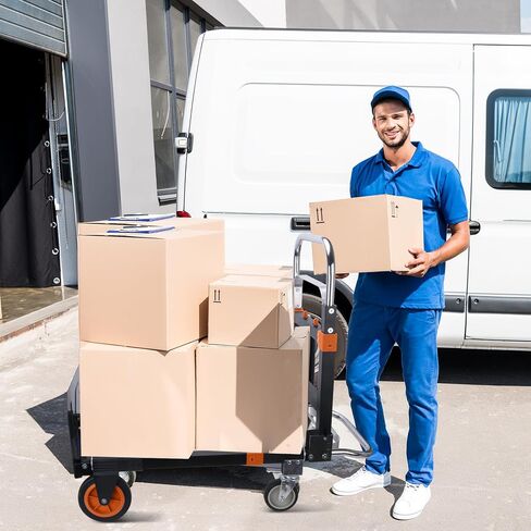 Upgraded 3 in 1 Folding Hand Truck, 600lbs Capacity, Heavy Duty Convertible Dolly with Retractable Handle and 4 Rubber Wheels, Collapsible Cart for Moving Home, Office, Warehouse（Orange） in Saudi Arabia