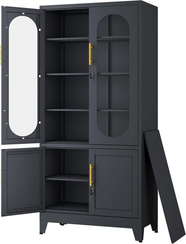 71"H Metal Storage Cabinet with Lock Glass Doors and Shelves,Steel Garage File Cabinets, Kitchen Pantry Cabinet Tall Locker Organizer for Home, Office, Warehouse,Tool（Black） in Saudi Arabia