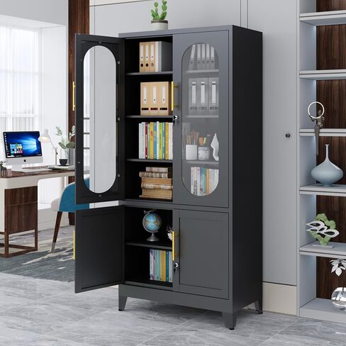 71"H Metal Storage Cabinet with Lock Glass Doors and Shelves,Steel Garage File Cabinets, Kitchen Pantry Cabinet Tall Locker Organizer for Home, Office, Warehouse,Tool（Black） in Saudi Arabia
