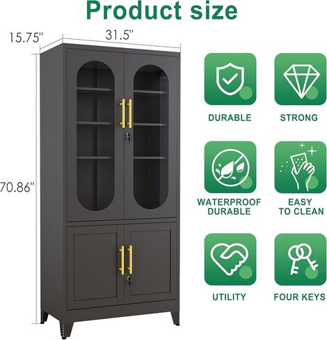 71"H Metal Storage Cabinet with Lock Glass Doors and Shelves,Steel Garage File Cabinets, Kitchen Pantry Cabinet Tall Locker Organizer for Home, Office, Warehouse,Tool（Black） in Saudi Arabia