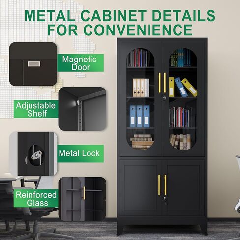 71"H Metal Storage Cabinet with Lock Glass Doors and Shelves,Steel Garage File Cabinets, Kitchen Pantry Cabinet Tall Locker Organizer for Home, Office, Warehouse,Tool（Black） in Saudi Arabia