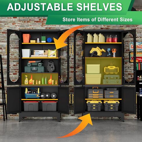 71"H Metal Storage Cabinet with Lock Glass Doors and Shelves,Steel Garage File Cabinets, Kitchen Pantry Cabinet Tall Locker Organizer for Home, Office, Warehouse,Tool（Black） in Saudi Arabia