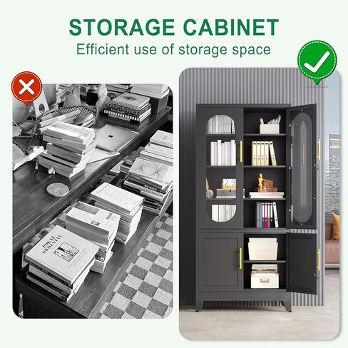 71"H Metal Storage Cabinet with Lock Glass Doors and Shelves,Steel Garage File Cabinets, Kitchen Pantry Cabinet Tall Locker Organizer for Home, Office, Warehouse,Tool（Black） in Saudi Arabia