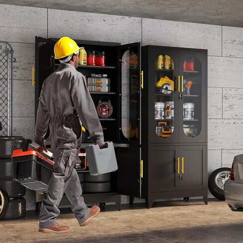 71"H Metal Storage Cabinet with Lock Glass Doors and Shelves,Steel Garage File Cabinets, Kitchen Pantry Cabinet Tall Locker Organizer for Home, Office, Warehouse,Tool（Black） in Saudi Arabia