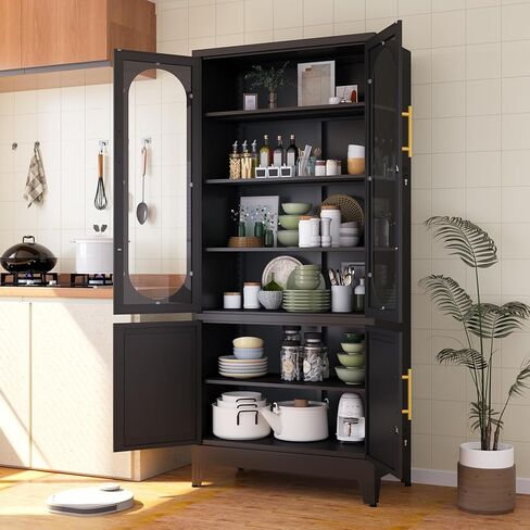 71"H Metal Storage Cabinet with Lock Glass Doors and Shelves,Steel Garage File Cabinets, Kitchen Pantry Cabinet Tall Locker Organizer for Home, Office, Warehouse,Tool（Black） in Saudi Arabia