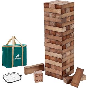 ApudArmis Giant Tumble Tower Stack to Over 5Ft, 60 PCS Pine Wooden Stacking Timber Game with 1 Dice Set - Classic Block Giant Outdoor Game (7.48 * 2.48 * 1.5 in Each Block, Gray)
