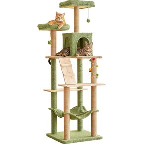 MWPO Large Modern Cat Tree, 70.1-Inch Wood Cat Tower for Indoor Cats, Multi-Level Tall Cat Condo with 2 Padded Perches, Hammock, Scratching Posts, Dangling Toys, Beige