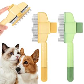 Flea Comb for Cats, 2PCS Pet Hair Removal Tool Cat Flea Comb & Dog Combs,with Self-Cleaning Stainless Steel Teeth, Tick Combs for Dogs, Yellow & Green
