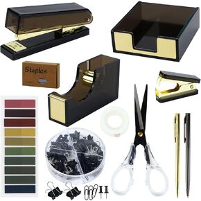 Buqoo 11PCS Acrylic Office Supplies Kit, Stapler and Tape Dispenser Set with Staple Remover, Sticky Note Holder, Pen, Scissor, Paper Clips, Dovetail Clips, Push Pins, Index Stickers Desk Accessories