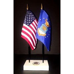 Made in the USA. 1 American and 1 United States Air Force Rayon 4"x6" Office Desk & Little Table Flag Executive Set, Includes a 2-hole White ArcticSno Flag Base with a USA Great Seal and two flags