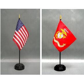 Made in the USA. 1 American and 1 United States Marine Corps 4"x6" Miniature Desk & Table Flag, Includes 2 Flag Stands & 2 Small Mini Stick Flags