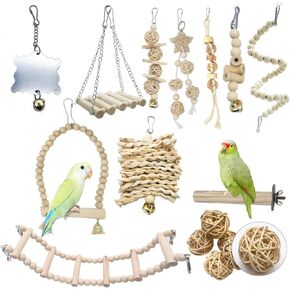 15 Packs Small Parrots Cage Swing Toys for Budgies Parakeet Parrotlets Lovebirds Small Conures Cockatiels - Hanging Chewing Standing Climbing Natural Wood Birds Toy