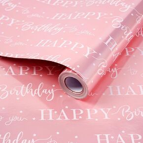 Tyzarglef Pink Birthday Wrapping Paper Roll,Metallic Foil Gift Wrap for Women Girls, Shiny Star & Happy Birthday Lettering Design, 17" x 33 Ft (46.5 sq.ft)