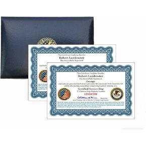 Official Certified Service Dog Customized Set of 2 Certificates with Raised Embossed Gold Seal & Leather Presentation Folder with Registration at U S Service Dogs Registry