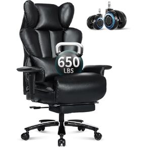 650LBS Big and Tall Office Chair with Footrest,Large Heavy Duty Executive Office Chair-Wide Seat,Adjustable Lumbar Support,Dual Rubber Wheels,Ergonomic High Back Computer Chairs for Heavy People,Brown