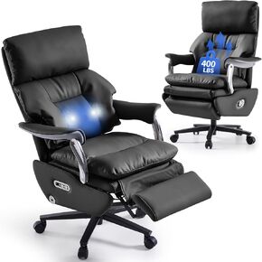 EMIAH Ergonomic Office Chair with Foot Rest Electric Executive Office Chair Reclining with Massage Big and Tall High Back Computer Chair with Wheels, Sustainable Leather(Black)