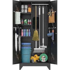 Metal Storage Cabinets with Locking Doors, 75" Tall Cleaning Tool Cabinet, Storage with Shelves for Laundry Room, Home Office, Outdoor (75" H Black Cabinet)