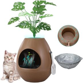 Eggloa6 Cat Litter Box Plant Enclosure – Secret Hidden Litter Box with Odor Removal Technology, Artificial Plants, and Scoop, Perfect for Housebreaking Cats and Small Pets (Brown)