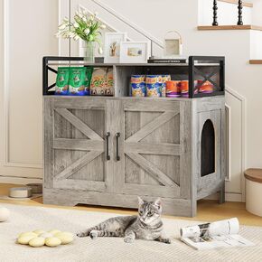 Litter Box Enclosure for 2 Cats, Hidden Litter Box Furniture with Double Rooms, Cat Bed, PVC Pad and Scratch Pad, Grey