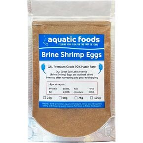 Aquatic Foods Inc. Brine Ramrimp Eggs Premium Grade 90 ٪ Hatch Rate ، Great Salt Lake Artemia brine shript legs. - 25 جرام - .88oz