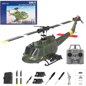C032 UH-1 Huey RC Helicopter for Adults - 1/48 Scale 2.4G 6CH Flybarless Remote Control Helicopter Model, 3D Stunt Flight & High-Precision RC Airplane (Shark Mouth(3 Batteries))