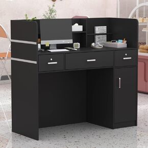Reception Desk Reception Stations with Open Shelf & Drawers, Wooden Counter Desk with Lockable Drawer for Office Reception Room (Black)