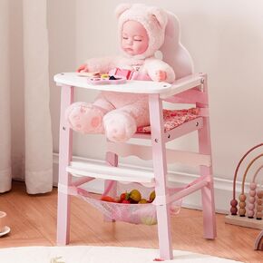 ROBOTIME Wooden Baby Doll High Chair – Pretend High Chair Toys for 18" Dolls – Doll Feeding Chair Toy with Tray – Baby Doll Furniture for Girls Ages 3+