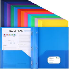 Patelai 48 Pcs Plastic Folders with Pockets and Prongs 2 Heavy Duty Pocket Folders with 3 Prongs and Fasteners for Office(Blue,Classic)