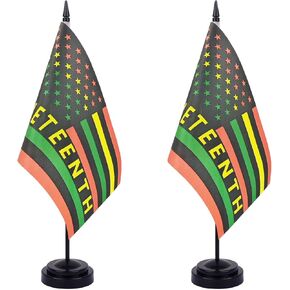 WXTWK 2 Pack Juneteenth Flag Juneteenth Deluxe Desk Flag Set - Mini Small June 19th 1865 Black History Month Table Office Flags with Black 12" Solid Pole Stand Base Classroom Meeting Desktop Decorations