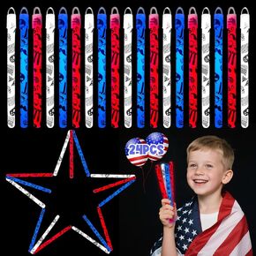 WODMAZ Fourth of July Glow Sticks, 24 PCS Patriotic Red Blue White Glow Sticks in Different Pattern Designs for Independence Day Memorial Day Party Favors Supplies
