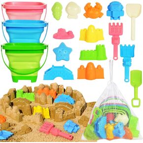 Collapsible Beach Sand Toys for Kids Toddlers,Travel Beach Toys with 3 Collapsible Sand Buckets,Shovels,Mesh Bags,Sand Molds,Castle Toys for Beach, Age 18+ Month