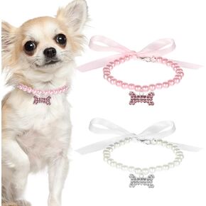 Dog Cat Pearl Collar, 2 Pcs Dog Pearl Necklace Collars Bone Shape Rhinestone Pet Necklace Cute Cat Collar Puppy Accessories Fancy Dogs Jewelry for Puppy, Small Cats (Pink, White)