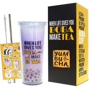 Reusable Boba Tumbler & Straw Set with Stainless Steel Straw - Reusable Bubble Tea Cups - Includes Cup Carrier, Sleeve & Boba Gifts - Gift for Boba Lovers & Tea Enthusiasts 2-Pack in Saudi Arabia