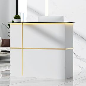 Modern Front Desk & Reception Desk with LED Lighting, 50-inch Retail Counter with Power Socket, DIY Stripe for Checkout, Lobby, Salon, Offices - Black