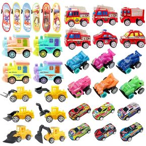 34PCS Party Favors Mini Pull Back Cars Include Train Engineering Vehicle Race Car Monster Truck Fire Truck Skateboard, Cars Party Favors Bulk Vehicles Set