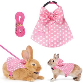 Rabbit Harness and Leash Set for Outdoor Training Camping Walking Escape Proof Pink Wave Point Breathable Bunny Clothes Bunny Outfits for Rabbits Small Pet Supplies, S