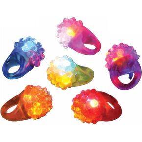 Pack of 4 Light-Up Flashing Novelty Rings Club Rave Birthday Party Favors Jelly LED Glow-In-The-Dark Neon Bag Stuffers Colorful Rubber Rings, Multi-Color Spikey