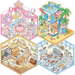 3D Sticker Scene, 4 Sets DIY 3D House Stickers for Kids, Cute Stickers for Laptop, Water Bottle, Phone, Make Your Own Scene Sticker for Adults & Kids Relief Stress Pass The Time